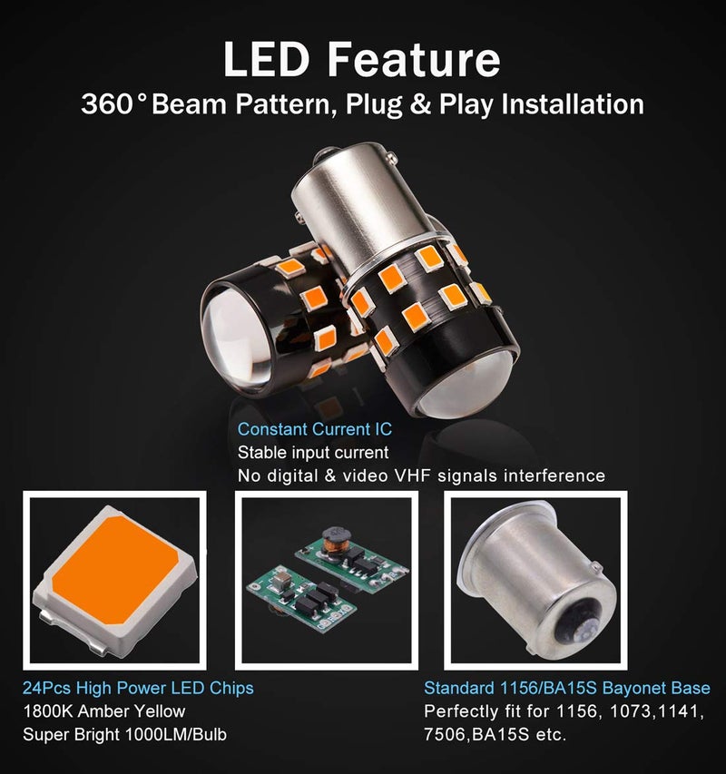 BRISHINE 4-Pack Super Bright 1156 1003 1141 7506 BA15S LED Bulbs Amber Yellow 9-30V Non-Polarity 24-SMD LED Chipsets with Projector for Turn Signal Lights, Side Marker Lights - Image 3